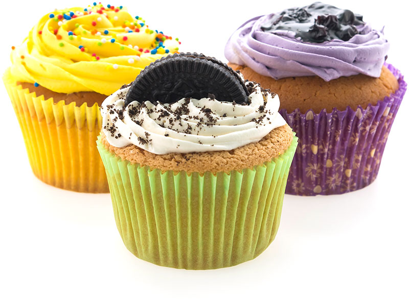 three decorated cupcakes